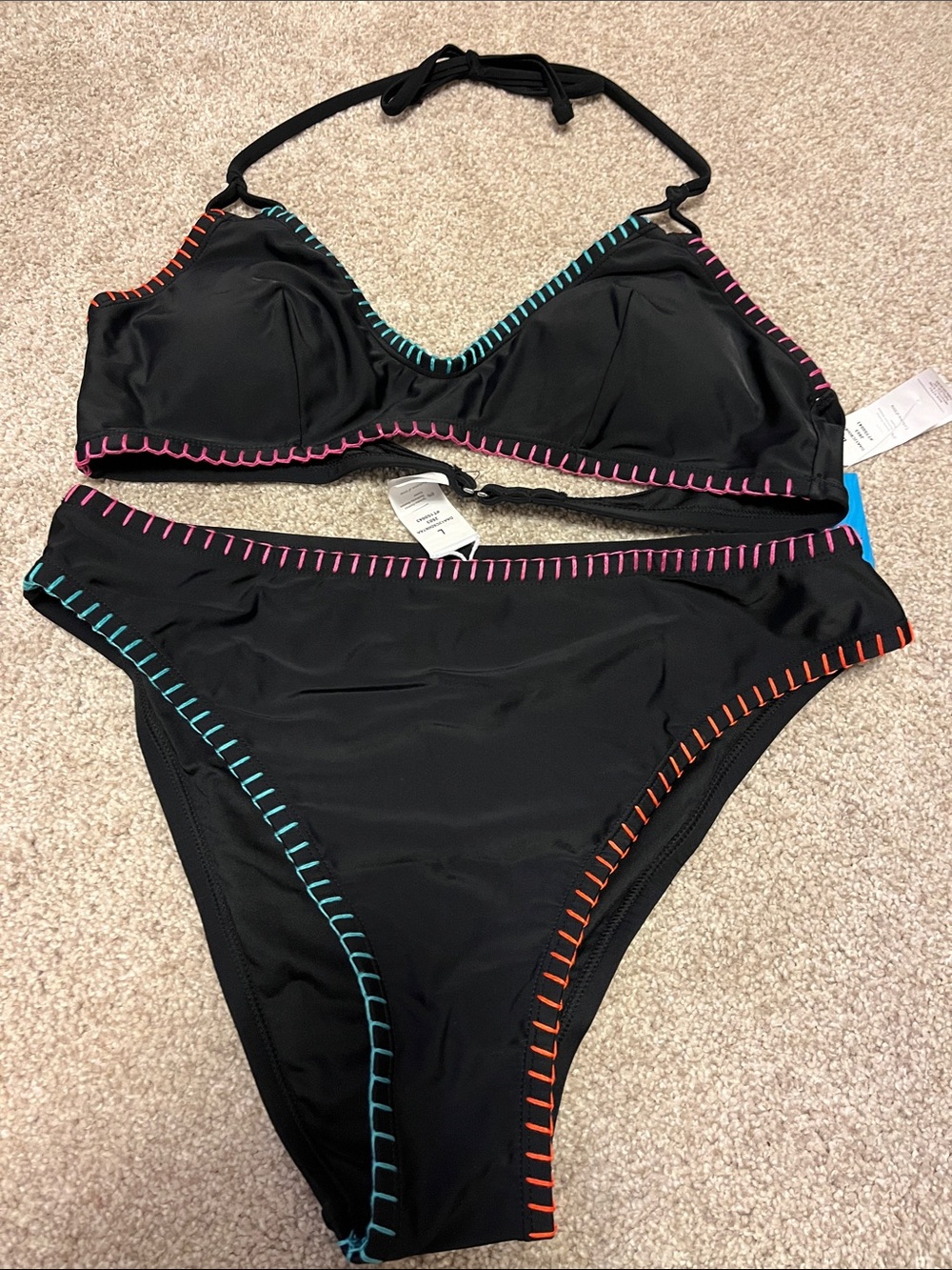 Cupshe Black Bikini with Pink, Teal and Orange Whipstitch